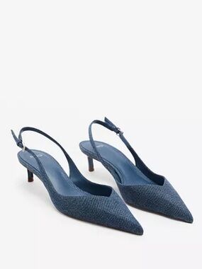 Mango Denim Pointed Toe Slingback Kitten Heels NWT EU 38/US 7.5